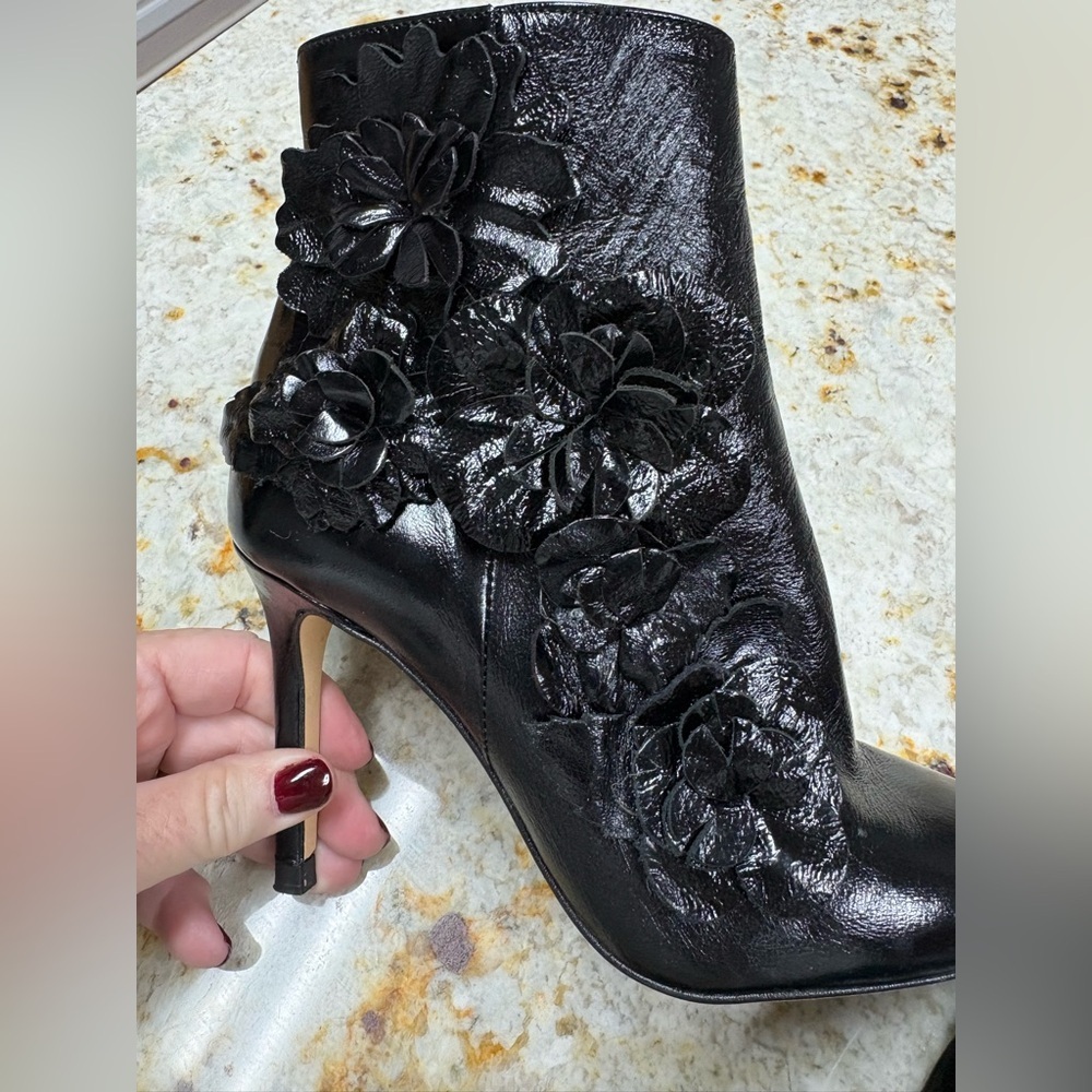 Zara Collection 3D Floral Ankle Boots Black Leather High Heel Stiletto Glam Sz 5 - Picture 10 of 13
